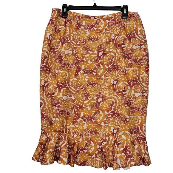 Lafayette 148 Silk Floral Tulip Ruffle Skirt Sz 14 Orange Beige Office Career - Picture 1 of 8